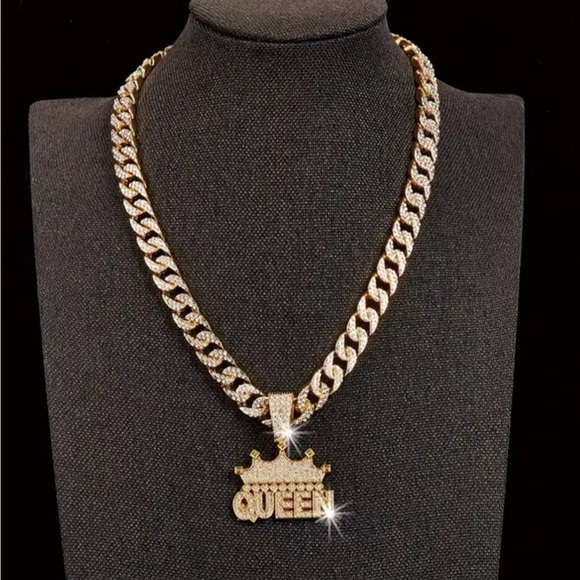 Gold and Rhinestone Crown Queen Hip Hop Necklace - Picture 2 of 4
